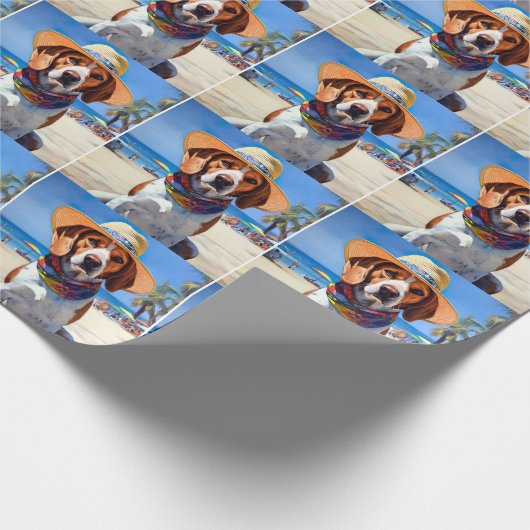 Beagle op het strand, zomercadeau voor hondenliefh cadeaupapier (Hoek)