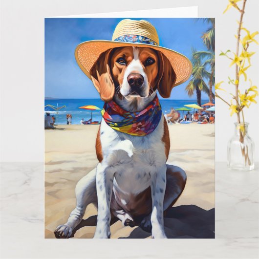 Beagle op het strand, zomercadeau voor hondenliefh kaart (Gele Bloem)