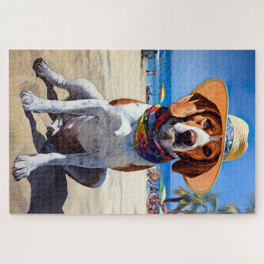 Beagle op het strand, zomercadeau voor hondenliefh legpuzzel (Horizontaal)