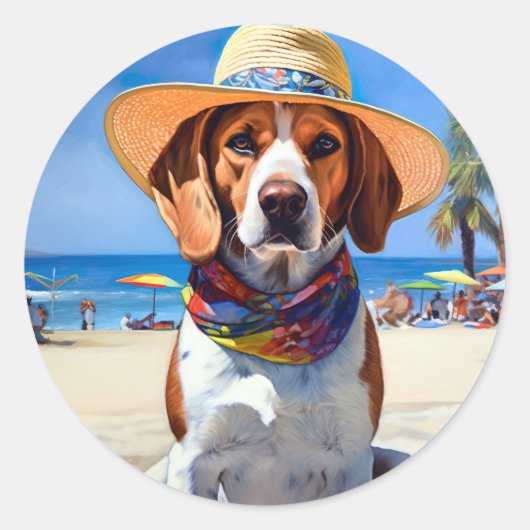 Beagle op het strand, zomercadeau voor hondenliefh ronde sticker (Voorkant)