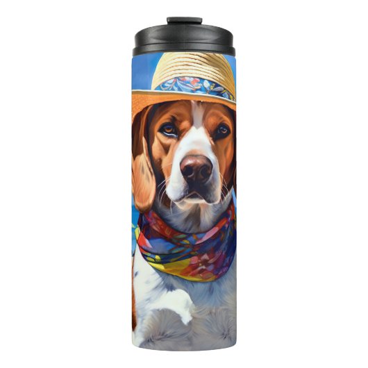 Beagle op het strand, zomercadeau voor hondenliefh thermosbeker (Voorkant)