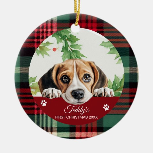 Beagle Persoonlijke Eerste Kerstmis Keramisch Ornament (Voorkant)