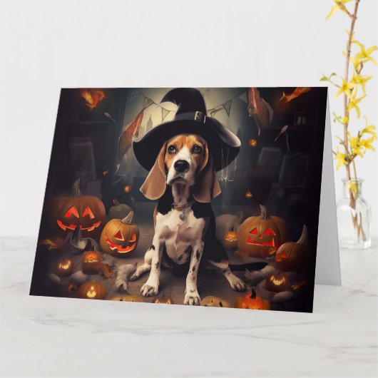 Beagle pompoenen Halloween eng Kaart (Gele Bloem)