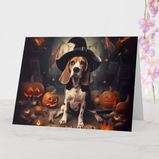 Beagle Pompoenen Halloween Griezelen Kaart (Orchidee)