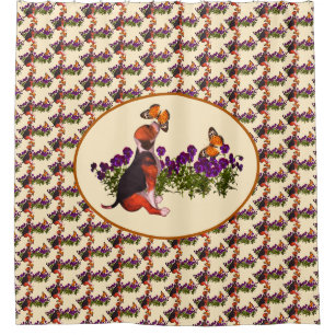 Beagle Puppy and Butterflies Animal Douchegordijn