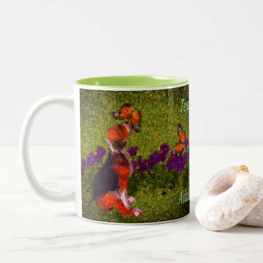 Beagle Puppy Butterflies Dog Art gepersonaliseerd Tweekleurige Koffiemok (Met donut)