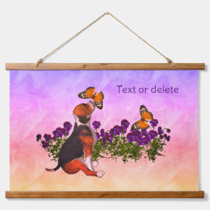Beagle puppy Butterflies en bloemen, gepersonalise Hangend Wandkleed