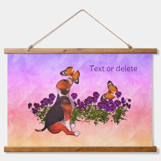 Beagle puppy Butterflies en bloemen, gepersonalise Hangend Wandkleed (Voorkant)