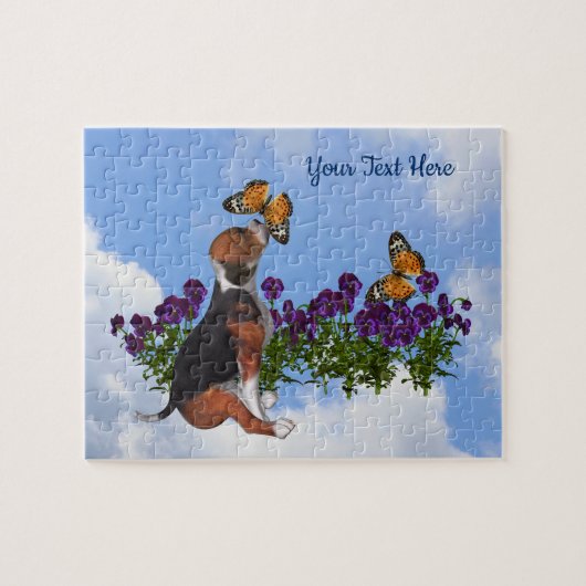 Beagle Puppy Butterflies Flowers gepersonaliseerd Legpuzzel (Horizontaal)