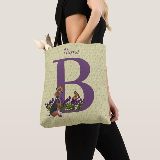 Beagle Puppy Butterflies Monogram Initiaal B Naam Tote Bag (Dichtbij)