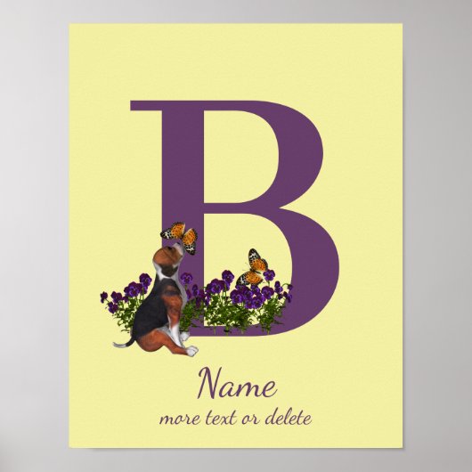 Beagle Puppy Butterflies Monogram Initial B Name  Poster (Voorkant)