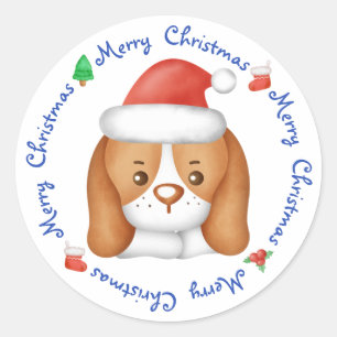 Beagle Puppy Dog Festive Santa Merry Kerstry Ronde Sticker
