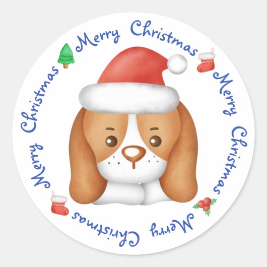 Beagle Puppy Dog Festive Santa Merry Kerstry Ronde Sticker (Voorkant)