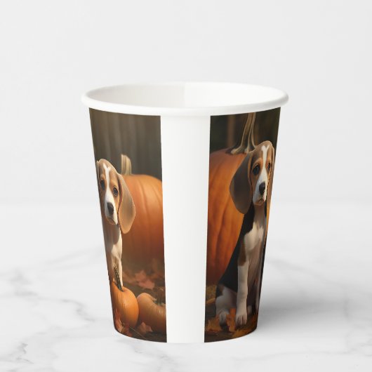 Beagle Puppy Herfst Delight Pompoen Papieren Bekers (Links)