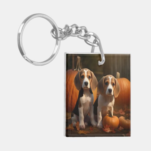 Beagle Puppy Herfst Delight Pompoen Sleutelhanger (Voorkant Links)
