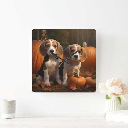 Beagle Puppy Herfst Delight Pompoen Vierkante Klok (Huis)