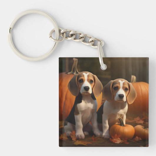Beagle Puppy Herfst Plezier Pompoen Sleutelhanger (Voorkant)