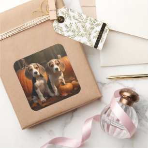 Beagle Puppy Herfst Plezier Pompoen Vierkante Sticker
