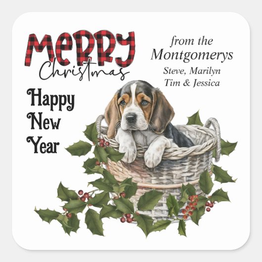 Beagle Puppy Holly Basket Kerstmis Vierkante Sticker (Voorkant)