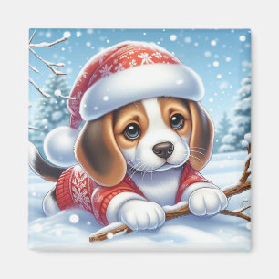 Beagle Puppy in Kerst Outfit Genietend van de Snee Magneet
