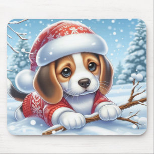 Beagle Puppy in Kerst Outfit Genietend van de Snee Muismat