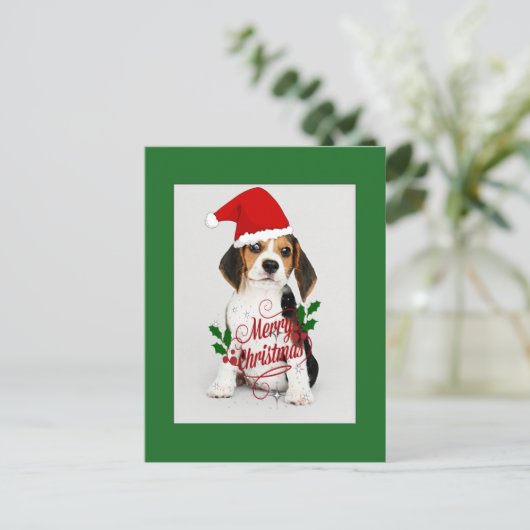 Beagle Puppy in Kerstman Hoed - Prettig Kerstfeest Briefkaart (Staand voorkant)