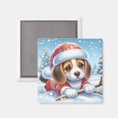 Beagle puppy in kerstoutfit genieten van de sneeuw magneet (Voorkant / Achterkant)