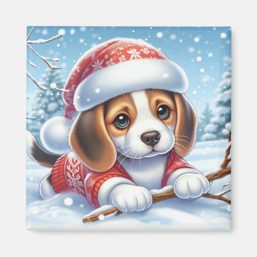 Beagle puppy in kerstoutfit genieten van de sneeuw magneet (Voorkant)