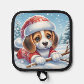 Beagle puppy in kerstoutfit genieten van de sneeuw pannenlap (Voorkant)