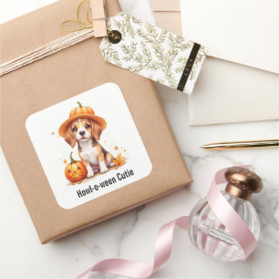 Beagle Puppy in Pompoen Hoed Halloween Waterverf Vierkante Sticker