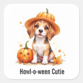 Beagle Puppy in Pompoen Pet Halloween Waterverf Vierkante Sticker (Voorkant)