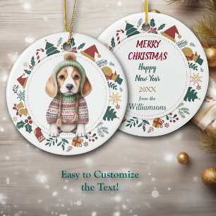 Beagle Puppy in Winter Sweater Kerstmis Keramisch Ornament
