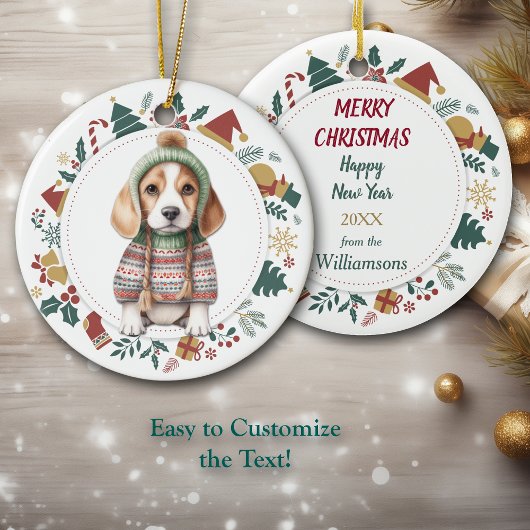 Beagle Puppy in Winter Sweater Kerstmis Keramisch Ornament
