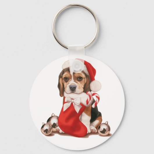 Beagle Puppy Kerstmis Sleutelhanger (Voorkant)