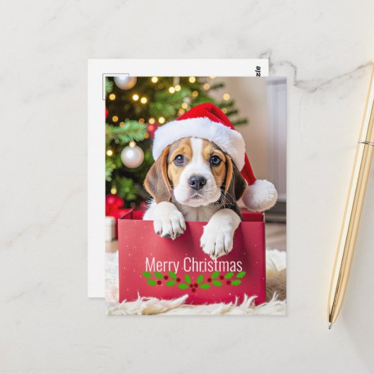 Beagle Puppy Kerstontwerp, Briefkaart (Voorkant / Achterkant in situ)