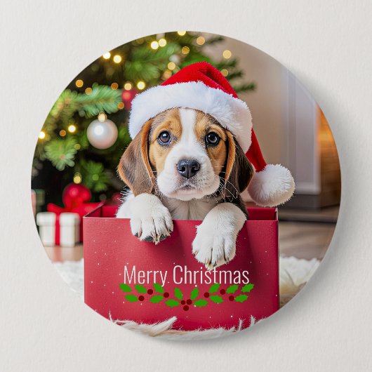 Beagle Puppy Kerstontwerp, Ronde Button 4,0 Cm (Voorkant)