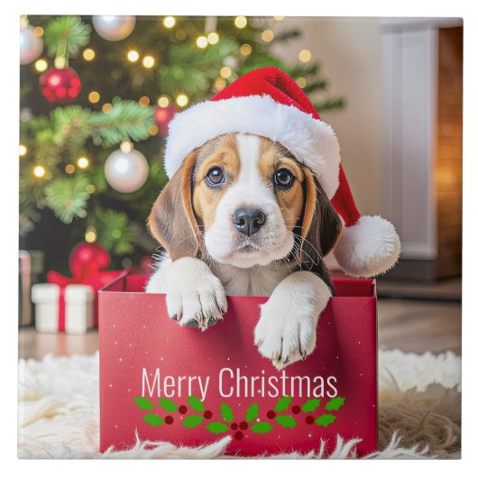Beagle Puppy Kerstontwerp, Tegeltje (Voorkant)