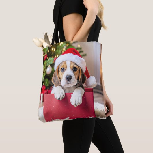 Beagle Puppy Kerstontwerp, Tote Bag (Dichtbij)