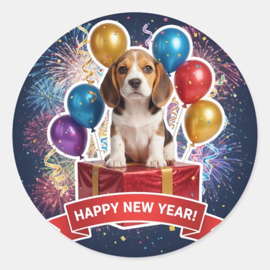 Beagle Puppy New Year Gift Sticker (Voorkant)