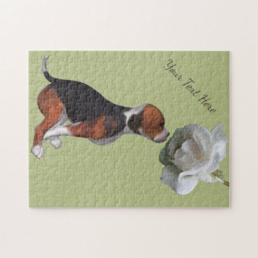 Beagle Puppy Smelling White Rose Persoonlijk Legpuzzel (Horizontaal)