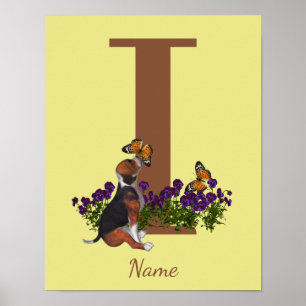 Beagle Puppy Vlinders Monogram Eerste Letter I Naa Poster