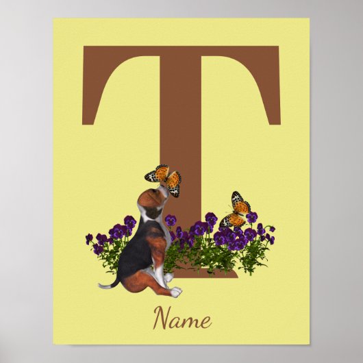 Beagle Puppy Vlinders Monogram Eerste Letter T Naa Poster (Voorkant)