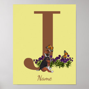 Beagle Puppy Vlinders Monogram Initiaal J Naam  Poster