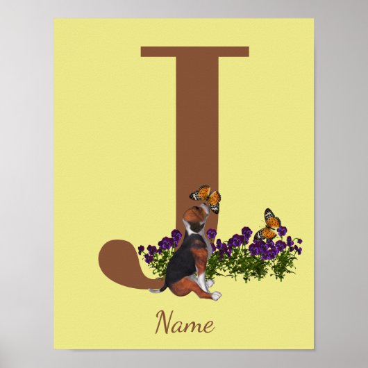 Beagle Puppy Vlinders Monogram Initiaal J Naam Poster (Voorkant)