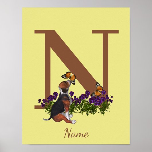 Beagle Puppy Vlinders Monogram Initiaal N Naam Poster (Voorkant)