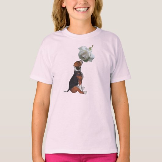 Beagle Puppy White Rose Cute Animal T-shirt (Voorkant)