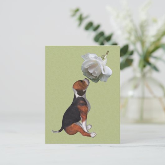 Beagle Puppy White Rose Cute Dog Briefkaart (Staand voorkant)