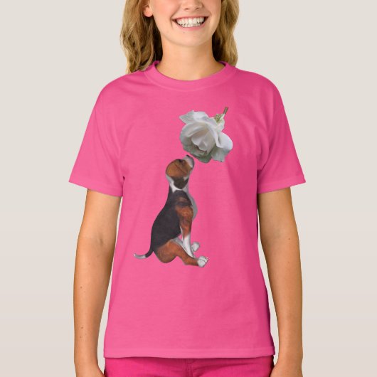 Beagle Puppy White Rose Cute Dog T-shirt (Voorkant)