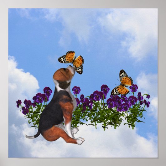 Beagle Puppy With Butterflies And Flowers Poster (Voorkant)