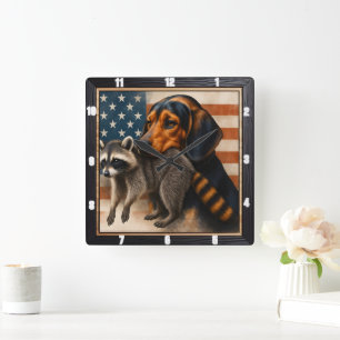 Beagle Raccoon Amerikaanse vlag Vierkante Klok